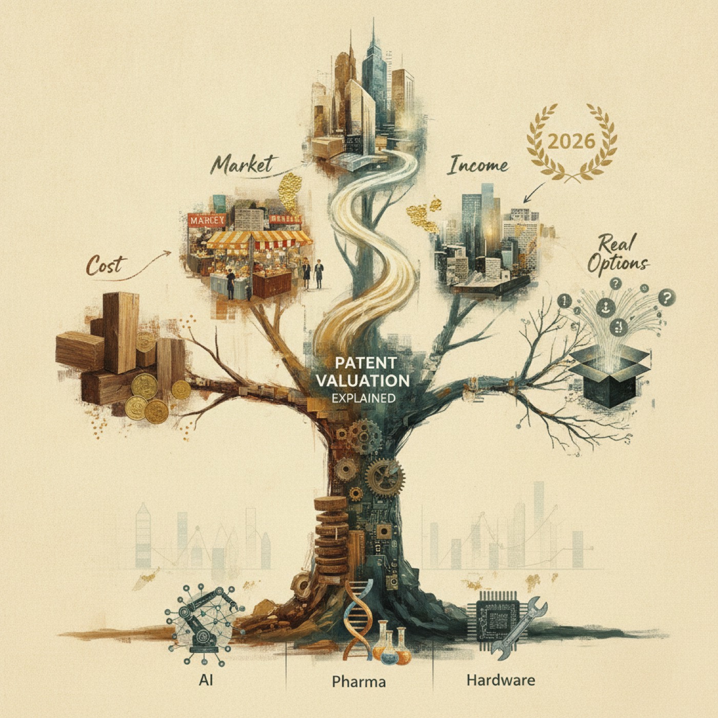 Patent Valuation Explained: The 4 Methods (Cost, Market, Income, Real Options) and Which One Wins for AI, Pharma, and Hardware in 2026